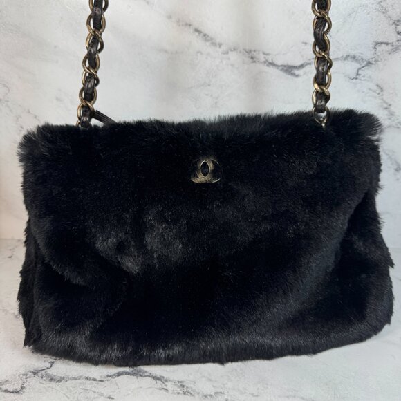 Chanel Rabbit Fur Bag CC Shoulder Chain Coco Mark Vintage Black Soft Rare Auth - Picture 16 of 16